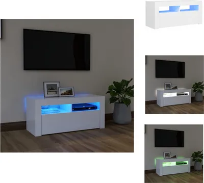 A collage of images showing a white TV stand with LED lights in different colors, a television mounted on the wall above it, and decorative items.