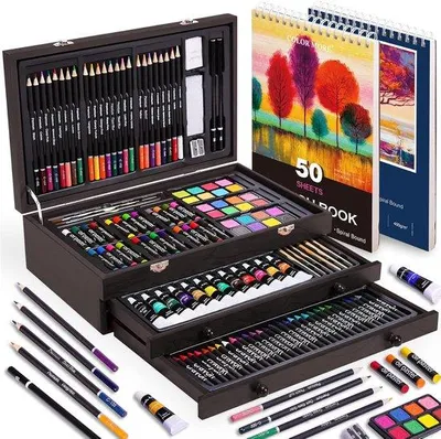 Produktbild von Luxe Kunstenaarsset - Acrylverf, Kleurpotloden und Tuschblocke in Holzkoffer