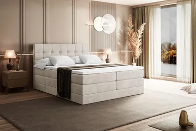 Produktbild von ALTDECOR Boxspringbett mit Matratze und Lattenrost  - BERO KING 160x200 cm  - Beige Samt - Topper, Polsterbett mit Bettkasten, Bett mit Stauraum H3 - und H4 - Matratze, Doppelbett, Springboxbett