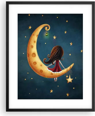 Produktbild von Gerahmtes Poster - Schwarzer Rahmen - Kinder Mädchen Mond - 40x50 cm - Wand Bild - Wanddeko - Wandbilder - Kunstposter - Wandposter - Bilderrahmen - Bilder - Kunstdruck - P2BPA40x50-4683