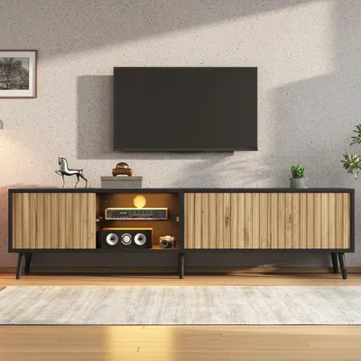 Image de Meuble TV LED 175 cm, bois naturel + noir, 3 éléments, 75 pouces