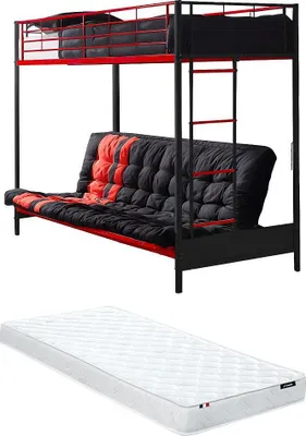 Produktbild von Zwischengeschossbett 90 x 190 cm - Mit Schlafsofa - Metall - Farbe schwarz + rot + Futon - MODULO V