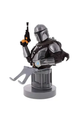 A bust of the Mandalorian character from Star Wars, holding a blaster.