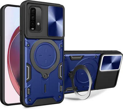 Produktbild von Handyhülle für Xiaomi Redmi 9T/Note 9 4G/Poco M3 Dual-Layer Stoßfest Rüstung Hülle mit Dia Kameraschutz und Kreisförmig Ring Ständer Blau