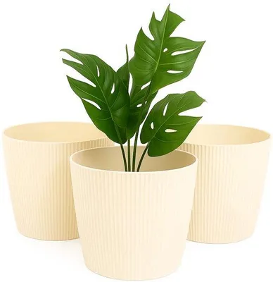Image de Ensemble de 3 pots de fleurs en plastique, finition mate avec motif rayé, pour intérieur et extérieur, diamètre 14/16/18 cm
