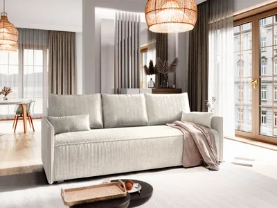 Produktbild von Sofa MESTOR Creme Kordstoff mit Schlaffunktion, Sofa mit Bettkasten, Sofa mit Bettkasten, Wohnzimmersofa, Couch, Soffa, Bettsofa, Couchgarnitur- Creme, POSO 100