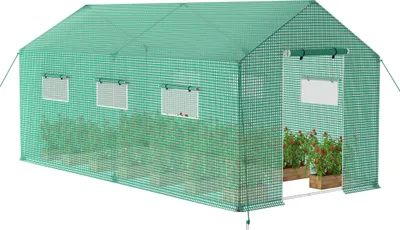 A green greenhouse with plants inside, shown on a white background.