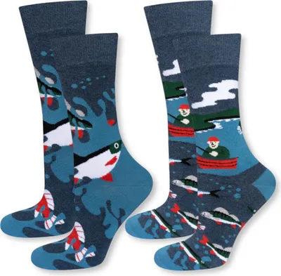 Produktbild von 2 Paar lustige Baumwoll-Herrensocken FISHING, Größe 40-45, von SOXO, ein Geburtstagsgeschenk für einen Mann