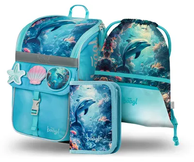 Produktbild von Baagl Schulranzen Mädchen Set 3 Teilig Schultasche 1. Klasse 18 l - Delfin