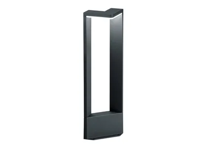 A modern, dark gray outdoor bollard light with a rectangular frame and an L-shaped top.