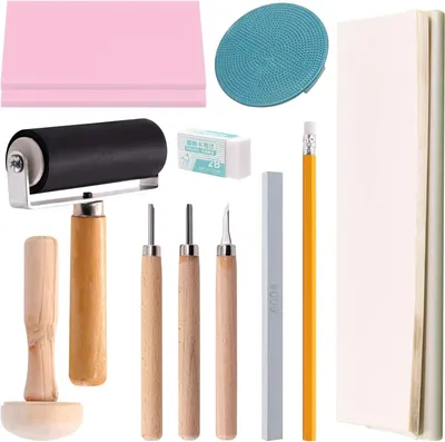 Image de Kit de tampons en caoutchouc, comprenant 41 pièces, avec des blocs de gravure et des tampons, ainsi qu'un encreuseur, pour des projets créatifs
