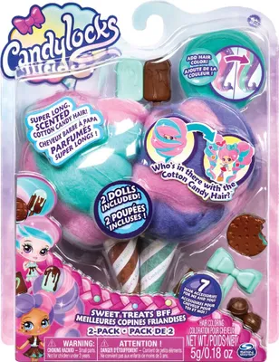 Produktbild von Spin Master Candylocks BFF, 2er Pack Spielzeug, 6052312, Gemischte Farben, Versteckte Puppen. Maße: Puppe 7,5 cm, Haar 38 cm; Verpackung 203,2x66,8x254 mm (BxTxH). Süßer Duft, selbsthaftendes Haar zum Stylen, inkl. 7 Accessoires & Haarkreide. Zuckerwatte-Look. Zum Spielen & Sammeln. Sortierter Artikel.