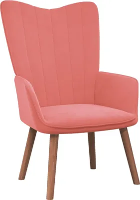 A pink armchair with wooden legs on a white background.