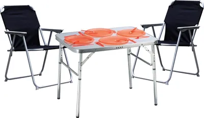 A camping table and two chairs set up with plates on the table.
