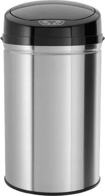 A stainless steel trash can with a black lid and sensor.