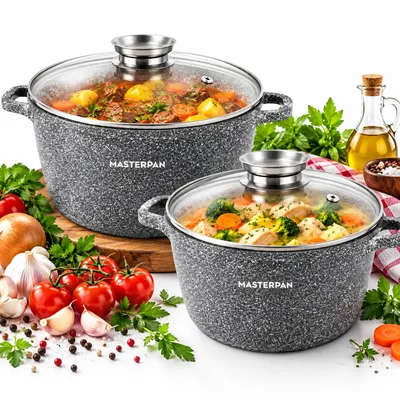 Produktbild von MASTERPAN 4-teiliges Topfset | 7L | 10L | LARGE POTS | Antihaft | Induktion | mit Deckel | Große Töpfe | Suppentopf | für alle Herdarten | MP2163