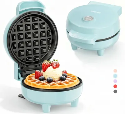 Produktbild von YASHE Mini-Waffeleisen ABW59C, 550 W, 10 cm, Antihaft, Kontrollleuchte, Blau