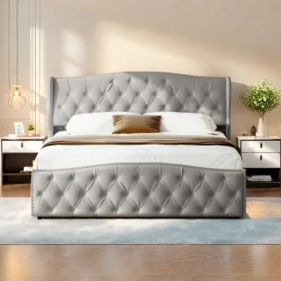 Zdjęcie produktu dla UnboxG Łóżko tapicerowane 140x200cm ze stelażem z listew, łóżko na sprężynach hydraulicznych z podstawą łóżka i wezgłowiem, łóżko do przechowywania funkcjonalne łóżko podwójne aksamitna szarość