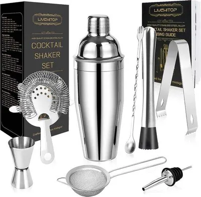 Imagen del producto de Conjunto de coctelería Unyqoos® de acero inoxidable: set profesional de barman con coctelera de 750 ml, dosificador doble de 15/30 ml, machacador, pinzas para hielo y libro de recetas, ideal como regalo para el hogar o la barra