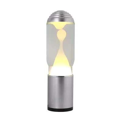 A lava lamp with a silver base and top, and a clear glass cylinder containing white lava and yellow light.