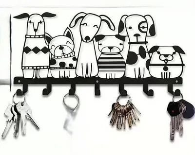 Wand-Sleutelhouder mit 7 Haken, Hundedesign, Metall, schwarz, 27x12,7 cm