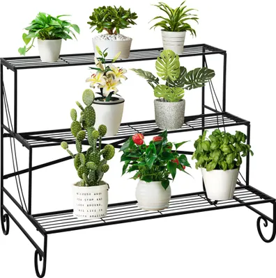 Produktbild von Blumenständer Blumenregal aus Metall 3 Stufen Pflanzenregal Blumentreppe  für innen und außen Garten Balkon Schwarz 95 x 63 x 72 cm