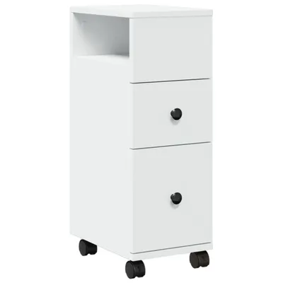 A white narrow cabinet with drawers and wheels.