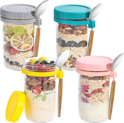 Produktbild von Famanu Müsli-Becher To Go - 4 Stück - 600 ml Gläser mit Deckel und Löffel