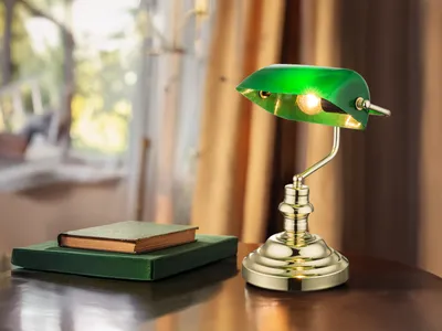 Produktbild von Retro LED Schreibtischlampe Messing mit Lampenschirm Grün, Bankerlampe Höhe 36cm