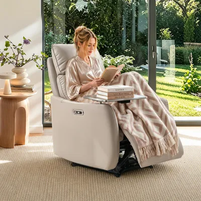 Produktbild von FLEXISPOT Lune Pro Elektrischer Relaxsessel, Doppelmotor, Echtleder, 180° Liegefunktion, 3-fach Kopfstütze, USB-Anschluss & 360° Schwenktisch, Beige