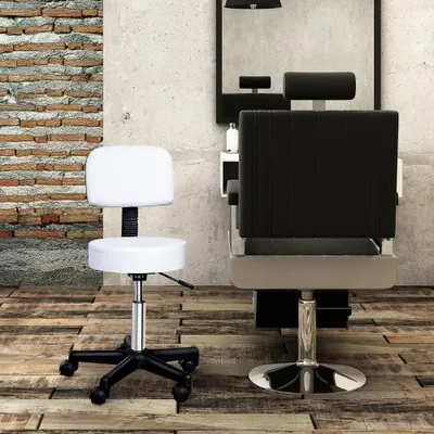 Produktbild von Arbeitshocker Rollhocker Drehhocker Hoehenverstellbar Mit Lehne Buero Weiss 35x35x84cm Hoch Buerostuhl Rueckenlehne Schreibtischstuhl