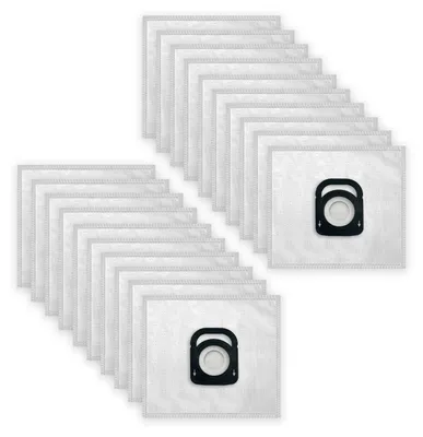 A stack of white vacuum cleaner bags with black plastic fittings.