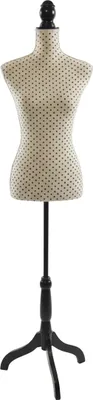 Produktbild von Relaxdays Schneiderpuppe, weiblich, Größe 36/38, verstellbar 130–167 cm, gepunktet, Holzständer, Nähpuppe, beige/schwarz