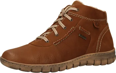 A single brown leather boot is shown against a white background.