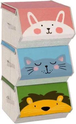 Produktbild von Famanu Aufbewahrungsboxen Set aus 3 faltbaren Stoffboxen mit Griffen - Tiermotiv in Rosa, Blau, Grün, Grau