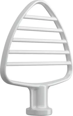 A white flat beater attachment for a stand mixer.