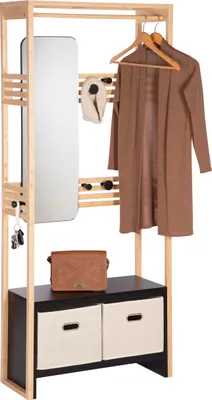 Produktbild von ONVAYA® Garderobenständer mit Spiegel ǀ Beige ǀ Bambus Garderobe mit Kleiderstange, Haken, Aufbewahrungsboxen und Sitzbank