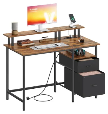 Produktbild von VASAGLE Arbeitstisch mit Monitorständer und Stoffschubladen, Computertisch mit Ladestation, für Büro, 120 x 60 cm, braun