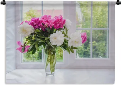 Produktbild von MuchoWow® Wandteppich Wandbehang Blumen - Pfingstrosen - Vase 60x45 cm Tapisserie Dekoration Wandtuch - Das Schlafzimmer