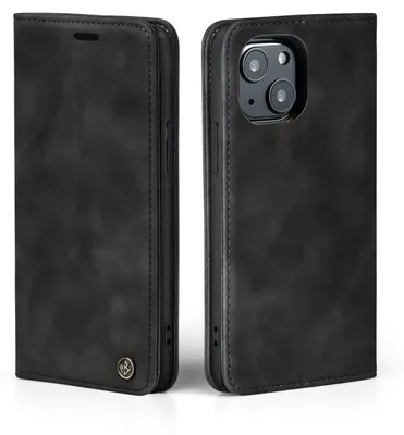 A black flip case for an iPhone 13 is shown from two angles.