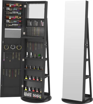 Obrázok produktu pre JOIEYOU Skrinka na šperky so zrkadlom Zrkadlová skrinka Skrinka na make-up Otočná o 360° so 6 LED diódami Uzamykateľný úložný priestor na šperky Organizér na make-up 3 v 1 so zrkadlom v plnej dĺžke Stojace zrkadlo, čierne