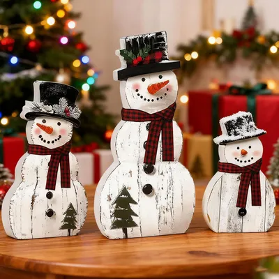 Immagine prodotto di Set di 3 pupazzetti di neve in legno, decorazioni natalizie per la tavola, piccoli, altezza 10-17 cm