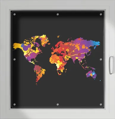 Produktbild von Wallario Lichtschutzbild, Dekorativer Sichtschutz Sonnenschutz 96 x 100 cm mit Motiv: Weltkarte aus bunten Farbspritzern - Verdunklung ohne Bohren