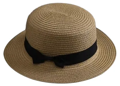 Produktbild von Strandstrohhut mit flacher Oberseite, breiter Krempe, Sonnenschutzhut mit schwarzer Schleife, handgewebt, atmungsaktiv, Sommerhut