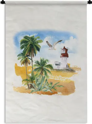Produktbild von MuchoWow® Wandteppich Wandbehang Leuchtturm - Vogel - Palmen - Strand 90x135 cm Tapisserie Dekoration Wandtuch - Baumwolle - Wandskulptur