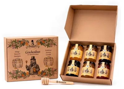 Produktbild von BARIN Honig Geschenkset – 6 Sorten Premium Sortenhonig aus Portugal (6×500 g), Probierset im Geschenkkarton mit Holz-Honiglöffel