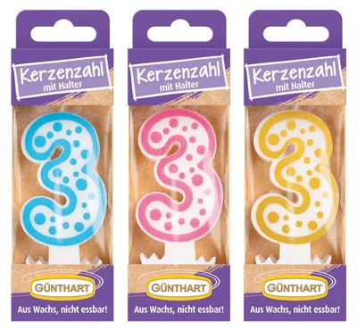 Immagine prodotto di Candela di cera Günthart n.3 candela di compleanno 1 pezzo colori assortiti