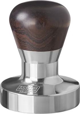 Immagine prodotto di tamper per espresso scarlatto "Passion" per barista; con impugnatura ergonomica in PVC o legno pregiato a scelta e base di precisione in acciaio inox, dimensioni:58 mm, colore:ebano - nero