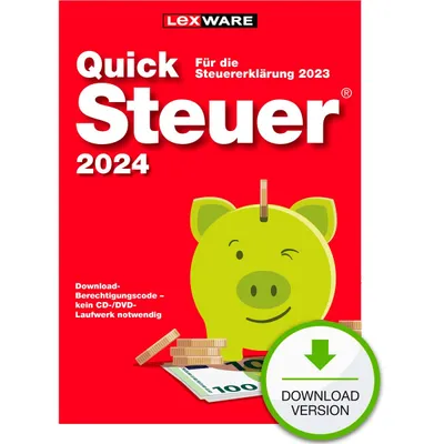 Zdjęcie produktu dla Lexware QuickSteuer 2024, Zwrot podatku, 1 x licencja, Niemiecki, 1 lat(a), Windows 11 Enterprise x64, Windows 8.1 Pro, Windows 10, Windows 11 Home, Windows 8.1 Pro x64,..., Do pobrania