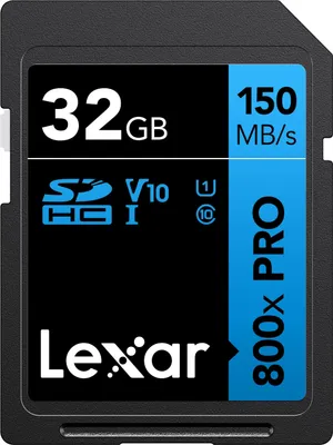 A Lexar 32GB SDHC 800x Pro memory card.